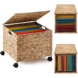 Rolling File Box Organizers, Water Hyacinth Letter/Legal Size File Organizer with Lid and Locking Wheels, Collapsible Hand Woven Hanging Filing Cabinet Box for Office/Home Decor, Natural