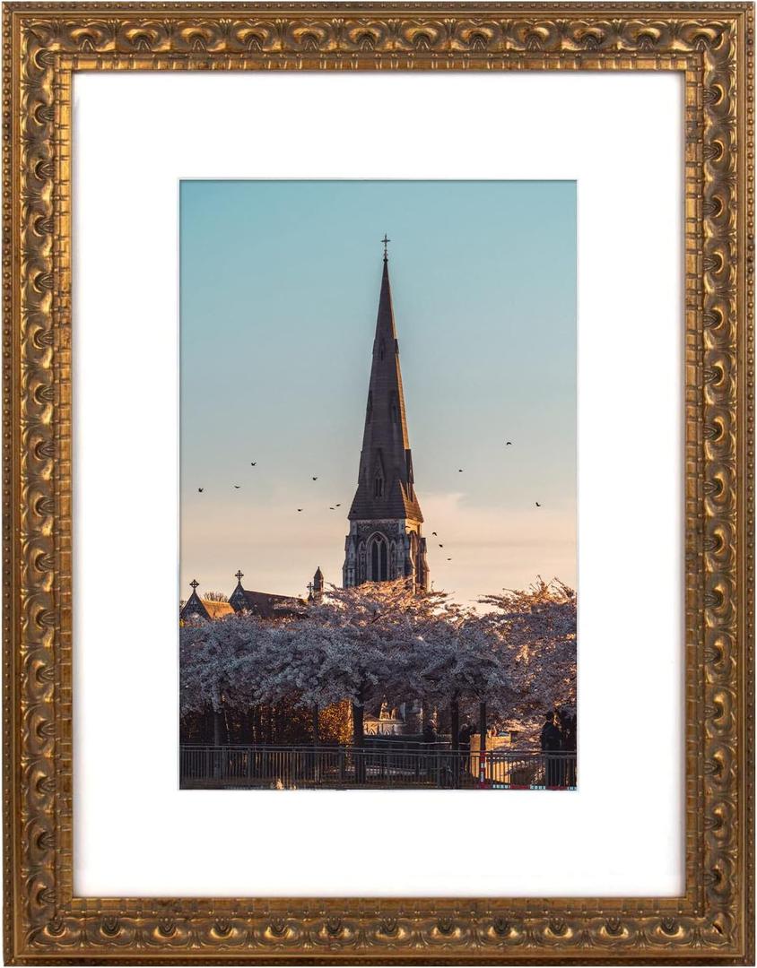 AUEAR, 12x16 Ornate Photo Frame, Bronze Color, with White Mat for 8x12 Picture & Real Glass (1 Pack)