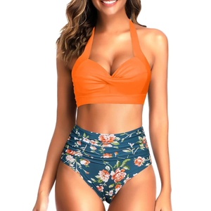 Tempt Me Women Two Piece Vintage Swimsuit Retro Halter Ruched High Waist Bikini with Bottom, XL