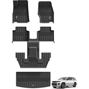 3W Floor Mats & Cargo Liner Fit for Jeep Grand Cherokee L 2021-2025 2026 All Weather TPE Custom Fit Floor Liner for 1-3 Rows&Trunk (ONLY for 6-Passenger Without Center Console) Full Set Car Mats Black