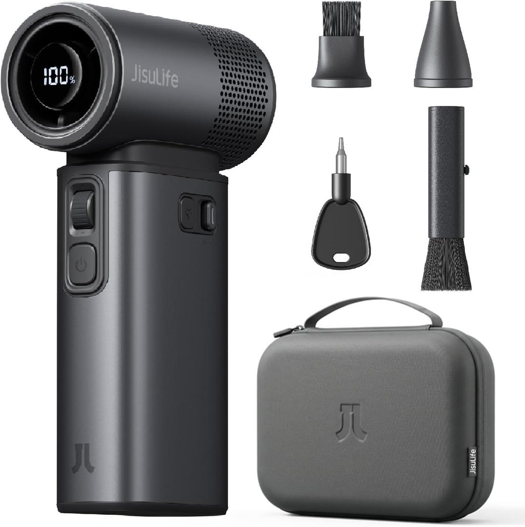 JISULIFE Portable Handheld Fan Ultra2 9000mAh, 5 IN 1, Up to 25Hrs, 100 Speed Turbo Fan, 18W Power Bank, Flashlight, Metal Shell, Travel Essentials Gifts for Men with Splash Proof Portable Case-Grey