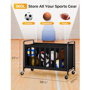 StorageWorks Ball Storage with Wheels, Ball Cart for Garage, Garage Sports Equipment Organizer with Hooks, Balls Organizer for Basketball, Football, Volleyball, Ball Storage(360L)