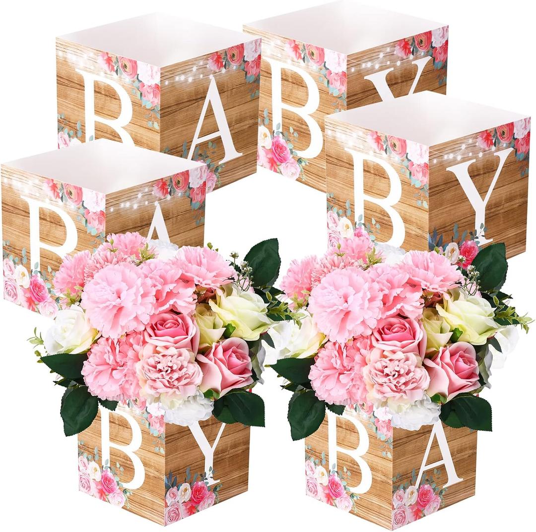 Bucherry 6 Pcs Baby Shower Flower Boxes Baby Shower Centerpieces for Tables Display with Letters Gender Reveal Party Favor Block Holder(Wooden Color, Rustic Floral)