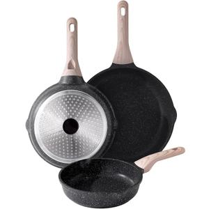 Kordisen Nonstick Frying Pan Set, 3 Piece Skillet Set, Healthy Induction Cookware Cooking Pan, Stay-Cool Handle, Compatible with All Stovetops, PFOA Free (9.5, 11, 12.5 Inch) (Classic Granite)