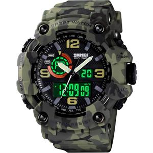 Gosasa Men's Large Face Outdoor Sports Watches Military S-Shock Watch Waterproof, Backlight, Alarm, Stopwatch Features - Rugged Wristwatch for Training, Hiking, and Adventure (A _1520_camouflage&green)