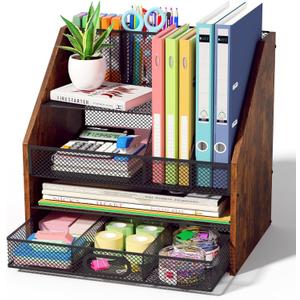 Homsorout Wooden Desk Organizer - Mesh File Organizer with Drawers and Pen Holder - 4-Tier Vertical Paper Letter Storage Tray, Desktop Organizers and Accessories for Home Office (Black and Brown)