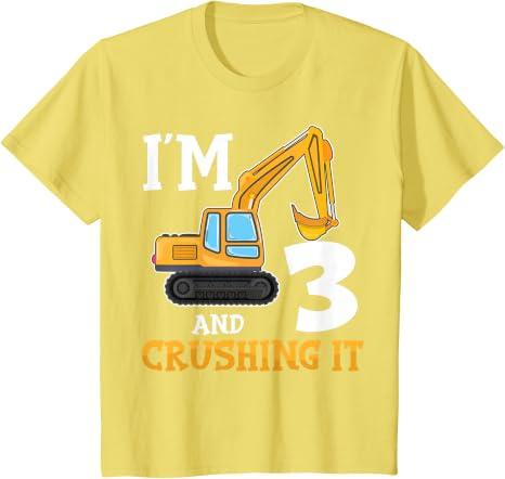 Kids Three 3yr 3th Birthday Digger Boy Construction 3 Years Old T-Shirt, 4T