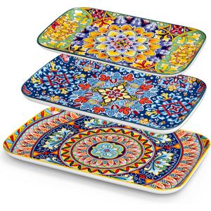 Vancasso Serving Platters Set of 3, 16"/14"/12" Inch Rectangular Trays Extra Large, Ceramic Bohemian Serving Dish for Entertaining Food, Microwave & Dishwasher Safe, Vintage
