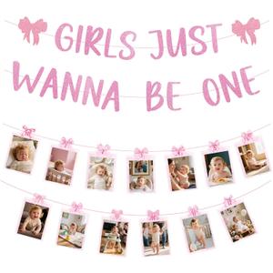 Girls Just Wanna Be One Birthday Decorations, Pink Bow Theme 1st Birthday Photo Banner for Baby from Newborn to 12 Months Pictures, 1 Year Old Girls Monthly Milestones Garland