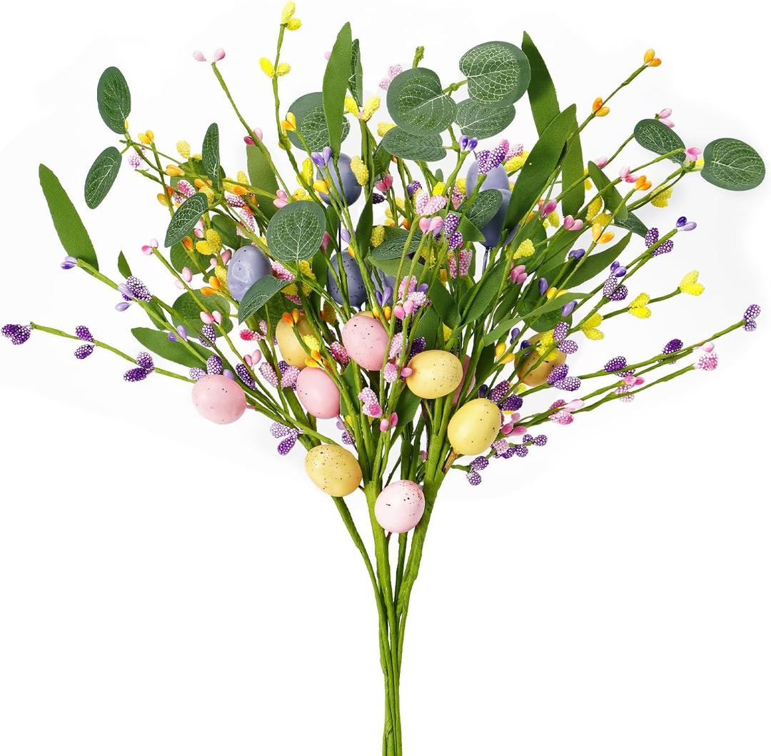 Woosir 6PCS Easter Egg Stems Flowers Artificial Spring Flowers Floral Stem Decorations Artificial Floral Picks and Sprays Berry Stem for Easter Home Vase Table Centerpieces Wreath