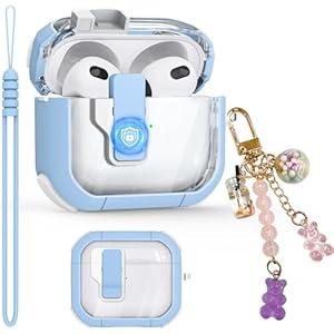 Clear Case for AirPods 3 Gen Case 2021, Secure Lock Case for Apple Airpod 3rd Generation Case Cover with Silicone Wrist Strap Cute Candy Keychain for Women,White