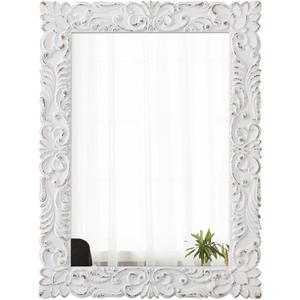 Vintage Floral Rectangle Mirrors for Wall 31 X 23 Inch, Hanging Distressed White Carved Wood Frame Flowers Bathroom Mirrors for Over Sink, Glam French Country Mirror, Horizontal or Vertical
