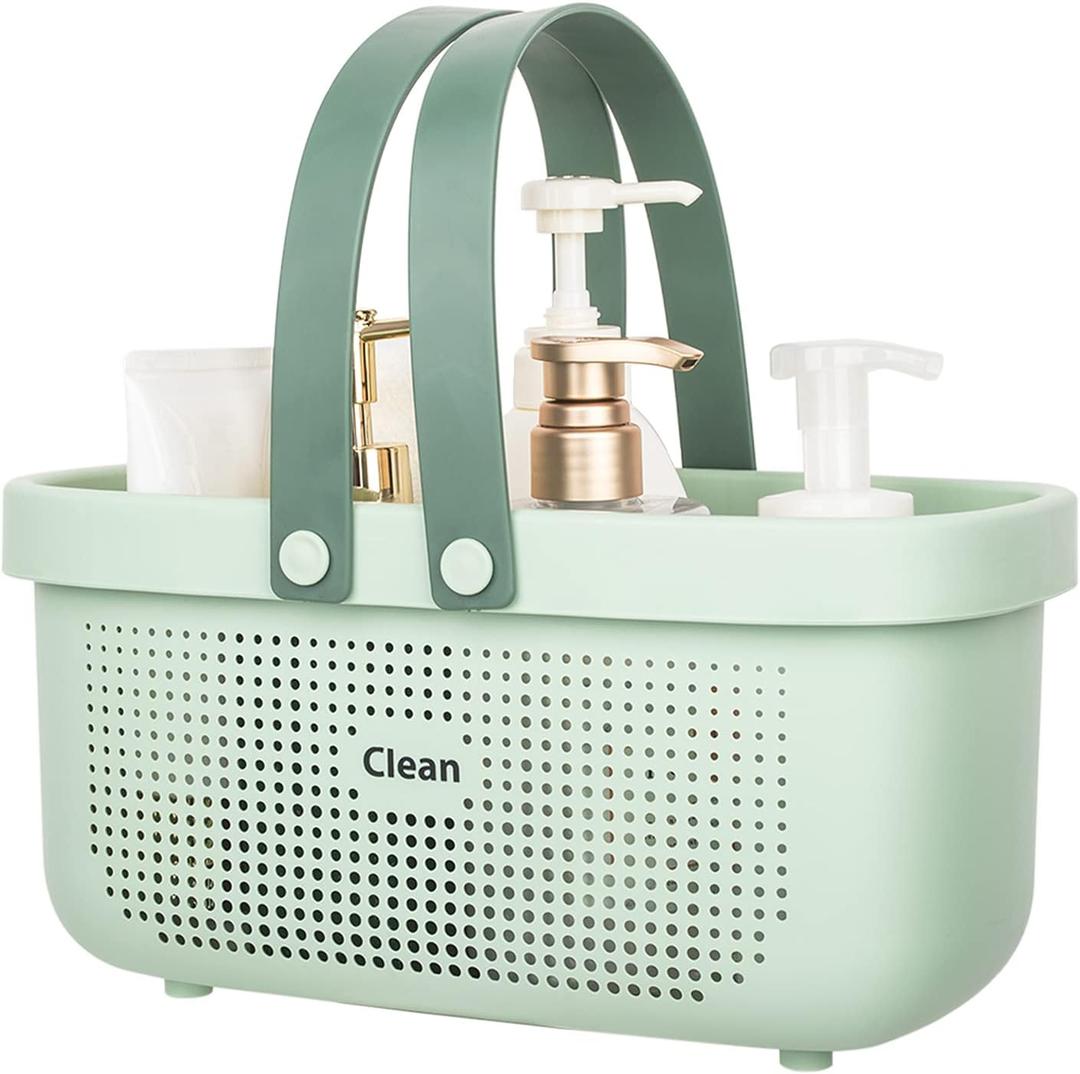JiatuA Plastic Storage Basket with Handle Portable Shower Caddy Tote Organizer Basket Bin for Bathroom Kitchen Dorm Room Bedroom, Green (Large)