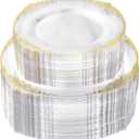 200 PCS Clear and Gold Plastic Plates for 100 Guests, Elegant Clear Disposable Plates with Gold Trim, Include 100 PCS Dinner Plates, 100 PCS Dessert Plates for Party, Birthday and Graduation