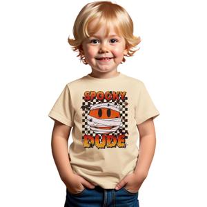 Toddler Halloween Shirts Baby boy Spooky Dude T-Shirt Funny Bandages Face Graphic Tee Bats Print Spooky Season Tops (5-6 Years, Beige)