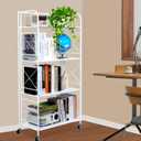 Foldable 4-Tier Metal Bookshelf with Wheels, Glossy White, 12.6" D x 23.6" W x 46.8" H, Folding Storage Rack for Living Room, Kitchen, Study