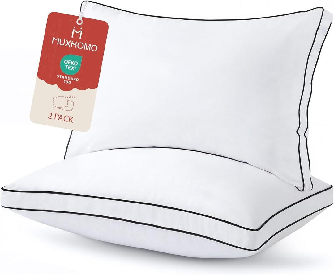 MUXHOMO Bed Pillows King Size Set of 2, Gusseted Sleeping Pillows for Side, Back, and Stomach Sleepers, Hotel Quality, Oeko-Tex Certified Fluffy Supportive Down Alternative Filling, White, 2 Pack