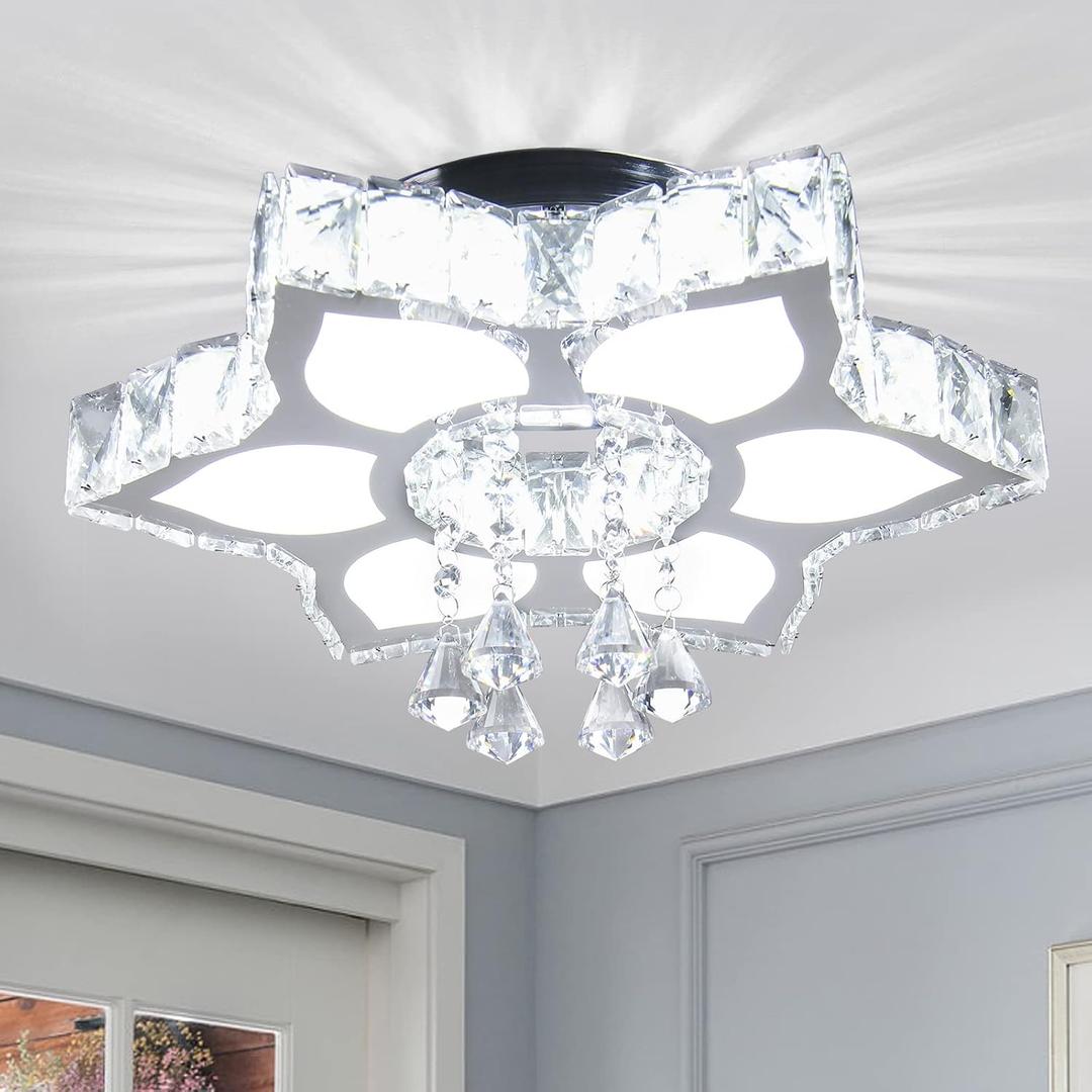 CLAIRDAI 16.1" Crystal Ceiling Light Fixture Modern Crystal Chandelier Flower LED Chandeliers Flush Mount Ceiling Light for Bedroom Dining Room Living Room (6500K Cool White)