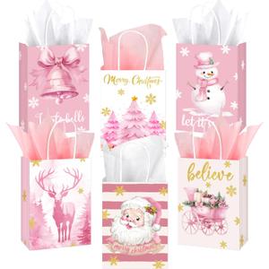 Abbylike 48 Pcs Pink Christmas Gift Bags with Handle 6.3x3.2x8.7'' Christmas Wrapping Bag with Tissue Paper Merry Xmas Paper Goodie Treat Bag for Holiday New Year Baby Shower Party Favor Gift Wrapping