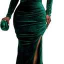 Vakkest Women Off The Shoulder Formal Dresses Long Sleeve Evening Party Velvet Maxi Dress High Split Cocktail Gowns (XX-Large, Green)