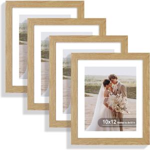 10x12 Picture Frame Set of 4, Made of Real Glass and Natural Oak Frame - Display Picture 8x10 with Mat or 10x12 Without Mat, 10 by 12 Photo for Wall Mounting