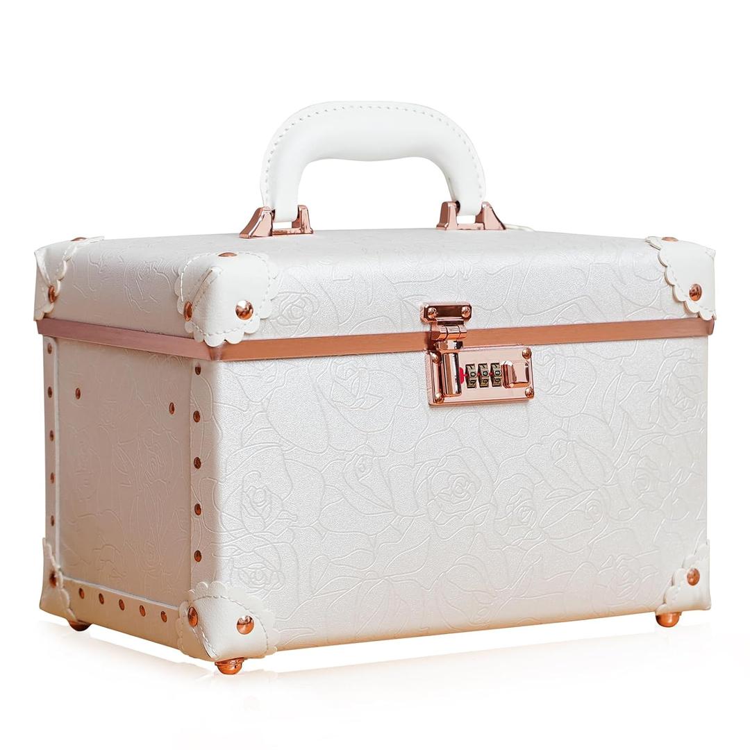Urecity Vintage Makeup Train Case with Rose Gold Hardware, White Embossed Pattern, Combination Lock Security, Portable Cosmetic Storage Box with Handle (Medium (Length: 12.5"))
