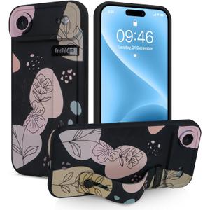 Case for iPhone Air Silicone Phone Case with Strap for Women Girls Cute Floral Flowers Design, Adjustable Finger Strap Kickstand Protective Cover, Black