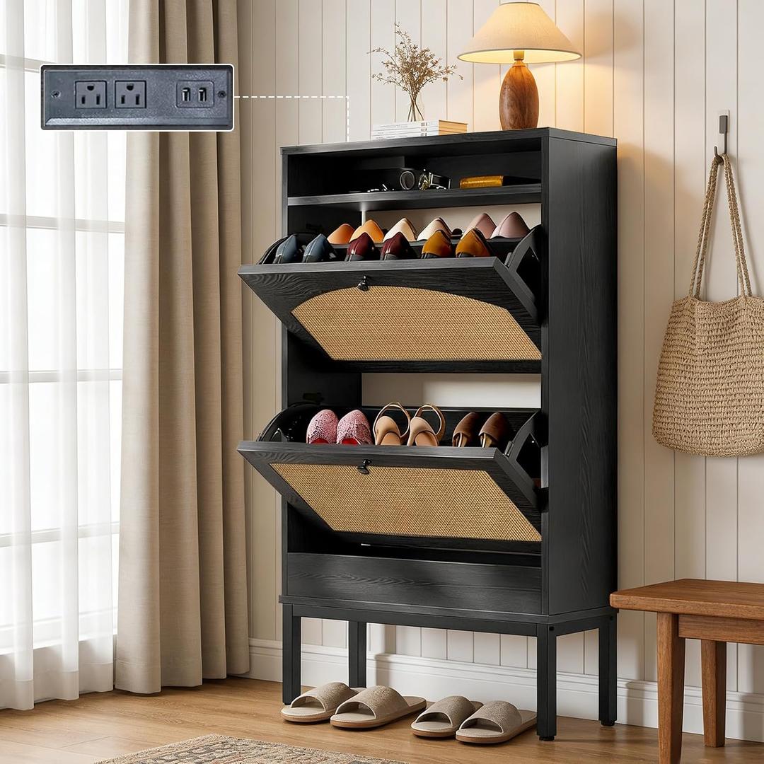 LUCKLIFE Shoe Storage Cabinet, Slim Shoe Cabinet Storage with Flip Drawers, Hidden Narrow Shoe Cabinet for Entryway Hallway,Carbon Black, Standard Version