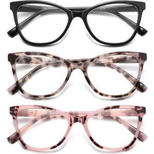 LKEYE Reading Glasses Women Cat Eye Blue Light Computer Readers Stylish Spring Hinge Designer Fashion Cute Eyeglasses  (Black,White Tortoiseshell,Pink Tortoiseshell), +0 Strength