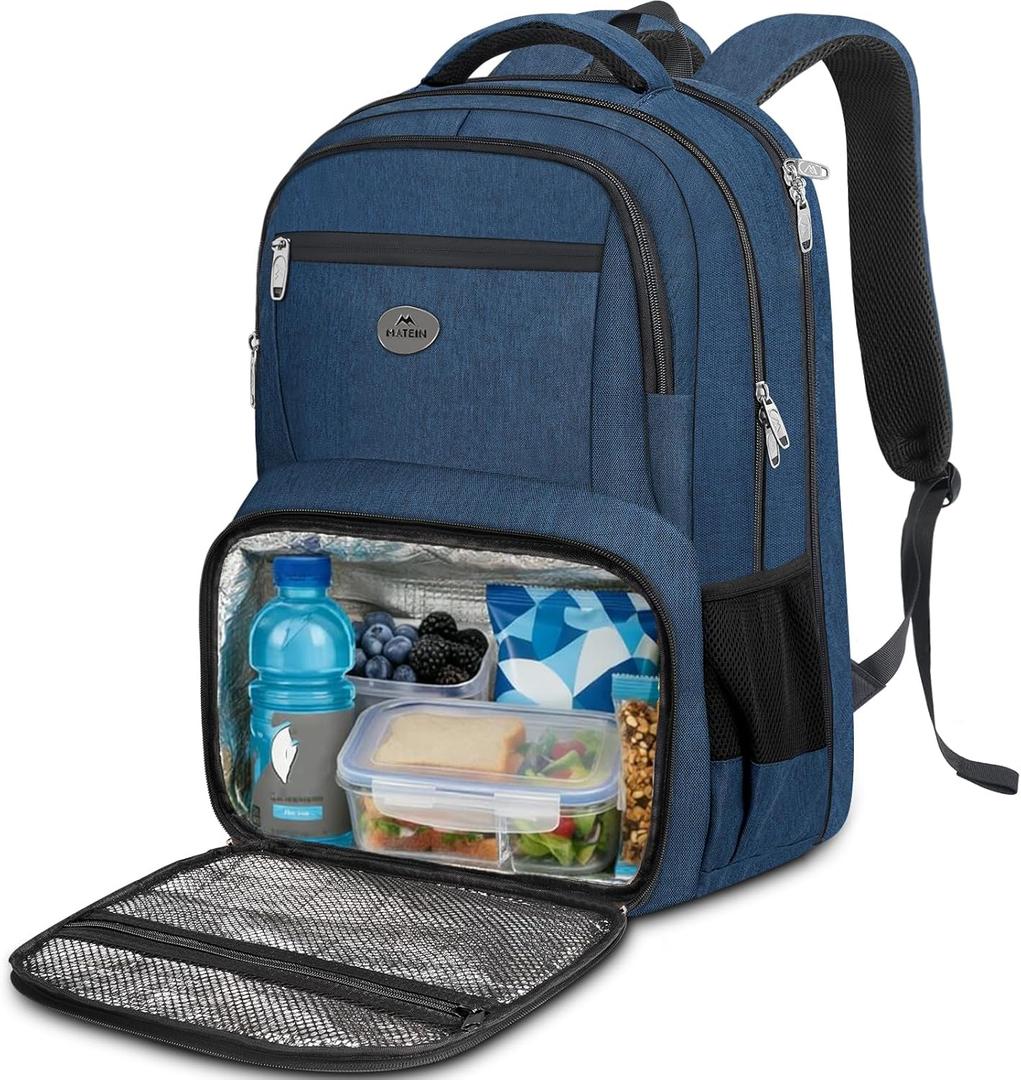 MATEIN Backpack Lunch Box, Water Resistant Mens Lunch Backpack for Work with 18 Inch Laptop Compartment, TSA Flight Approved Travel Bookbag with Luggage Strap, Extra Large Insulated Cooler Bag (Blue)