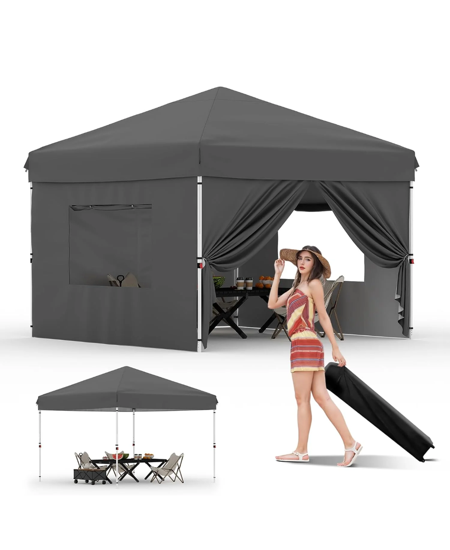 Garvee 10'x10' Pop-Up Canopy Tent with 4 Sidewalls - Portable Instant Commercial Canopy with Stakes, Ropes & Sandbags for Market, Patio & Camping, Black