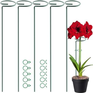 HiGift 5 Pack 17 inch Plant Support Stakes, 4mm Thick Garden Single Stem Flower Support Stake Amaryllis Plant Cage Support Rings with 10 pcs Plant Clips for Tomato Orchid Lily Peony Rose Flower Stem (17 Inch-5 Pack)