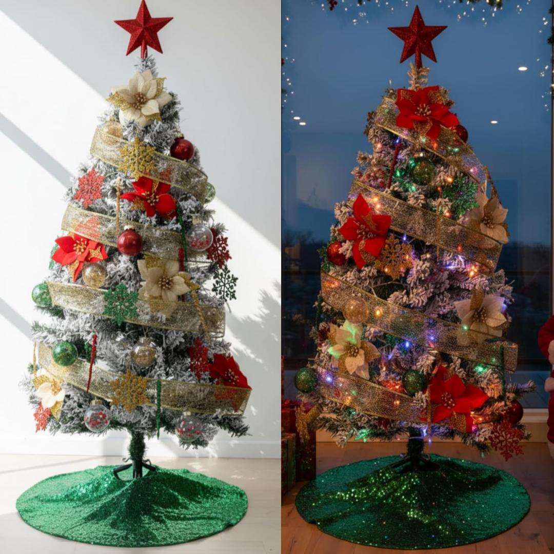 44 Pcs 4 ft Half Christmas Tree for Wall Corner Christmas Tree with Xmas Ball Light String Icicle Flowers Snowflake Ribbon Top Star for Holiday Indoor Party Decoration (Frost White)