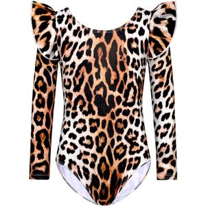 Long Sleeve Leotards for Girls with Ruffle 4D Stretch Ballet Dance Gymnastics Tumbling Wear Size 110 (Black Leopard)