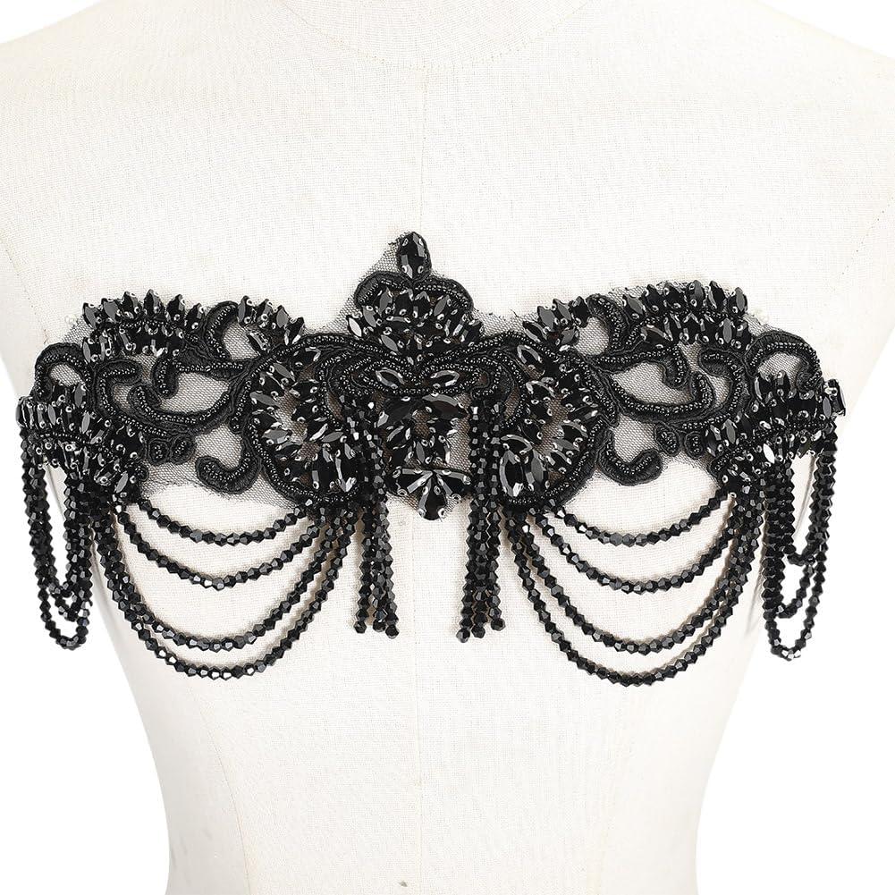 NBEADS Handmade Beaded Rhinestones Applique for Clothes, Black Crystal Beaded Applique Rhinestone Fringe Patch Trim for Sewing Crafts Wedding Party Decoration Bridal