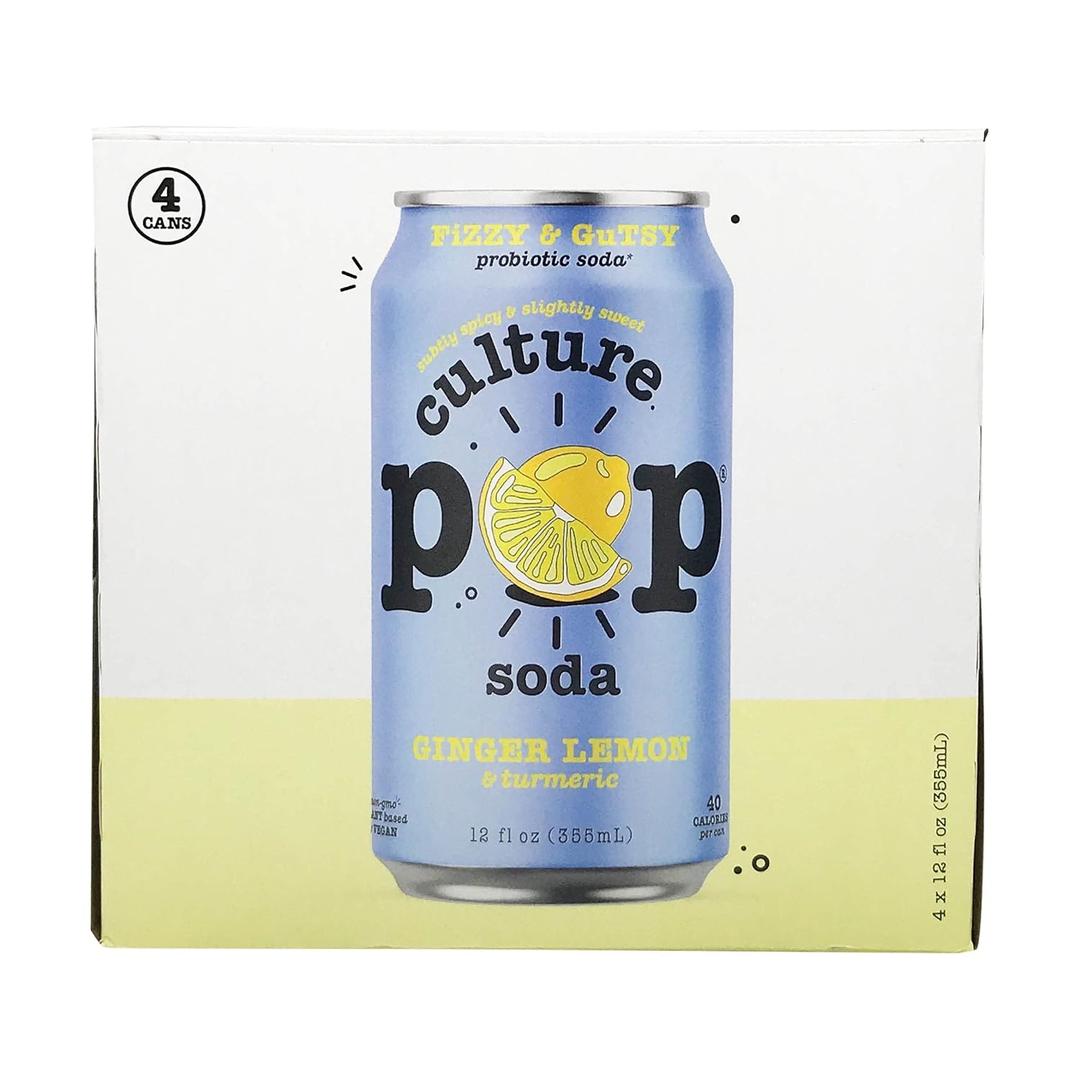 Culture Pop Soda, Soda Ginger Lemon Turmeric, 12 Fl Oz, 4 Pack, Best By 11/30/2025