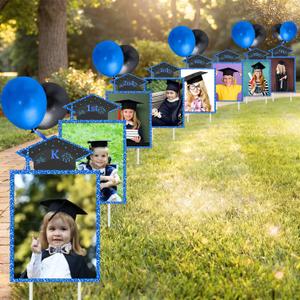 13 Pcs 13 x 8 Inch Glitter K-12 Graduation Photo Yard Signs with Stakes, Class of 2026 Graduation Decoration Party Supplies for Preschool Kindergarten Elementary High School Grade Outdoor(Black Blue)
