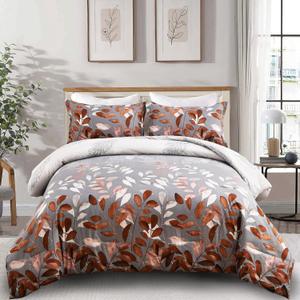 DJY Brown Comforter Set Queen, Botanical Leaves Comforter for Queen Bed 3 Pieces Reversible Floral Bed Comforter Sets Soft Microfiber Bedding Set for All Season (90"x90")