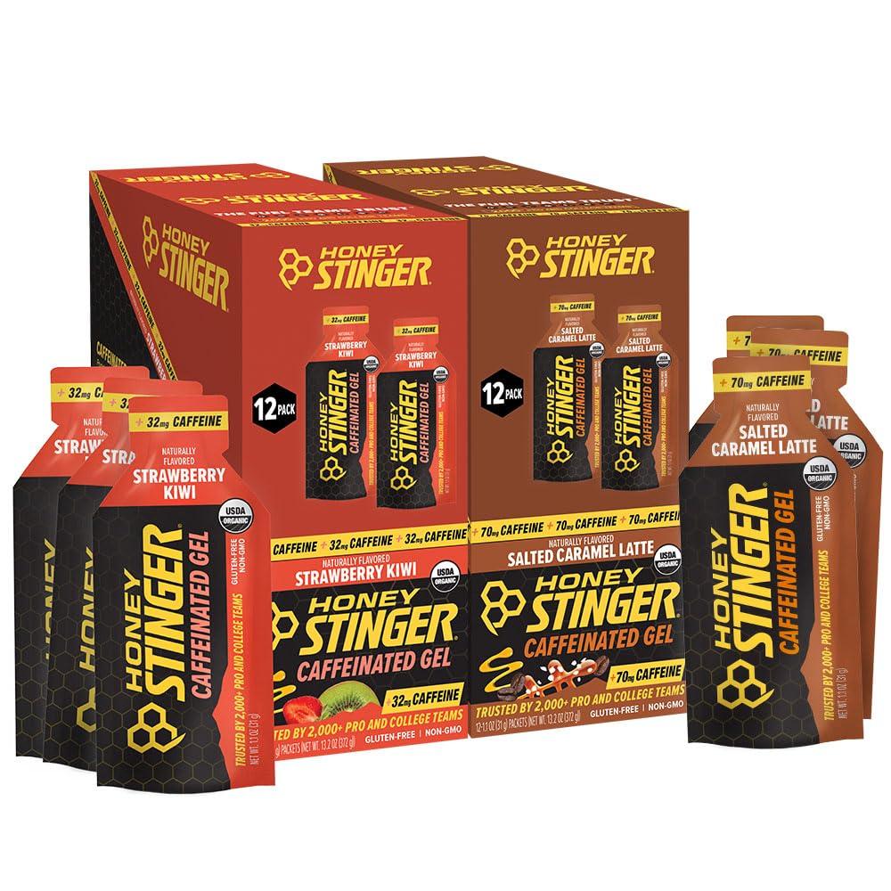 Honey Stinger Caffeinated Organic Energy Gel Variety Pack, 12 Packs Each of Salted Caramel Latte & Strawberry Kiwi, Caffeinated & Gluten Free, for All Exercises, Sports Nutrition for Home & Gym (EXP 02/14/27)