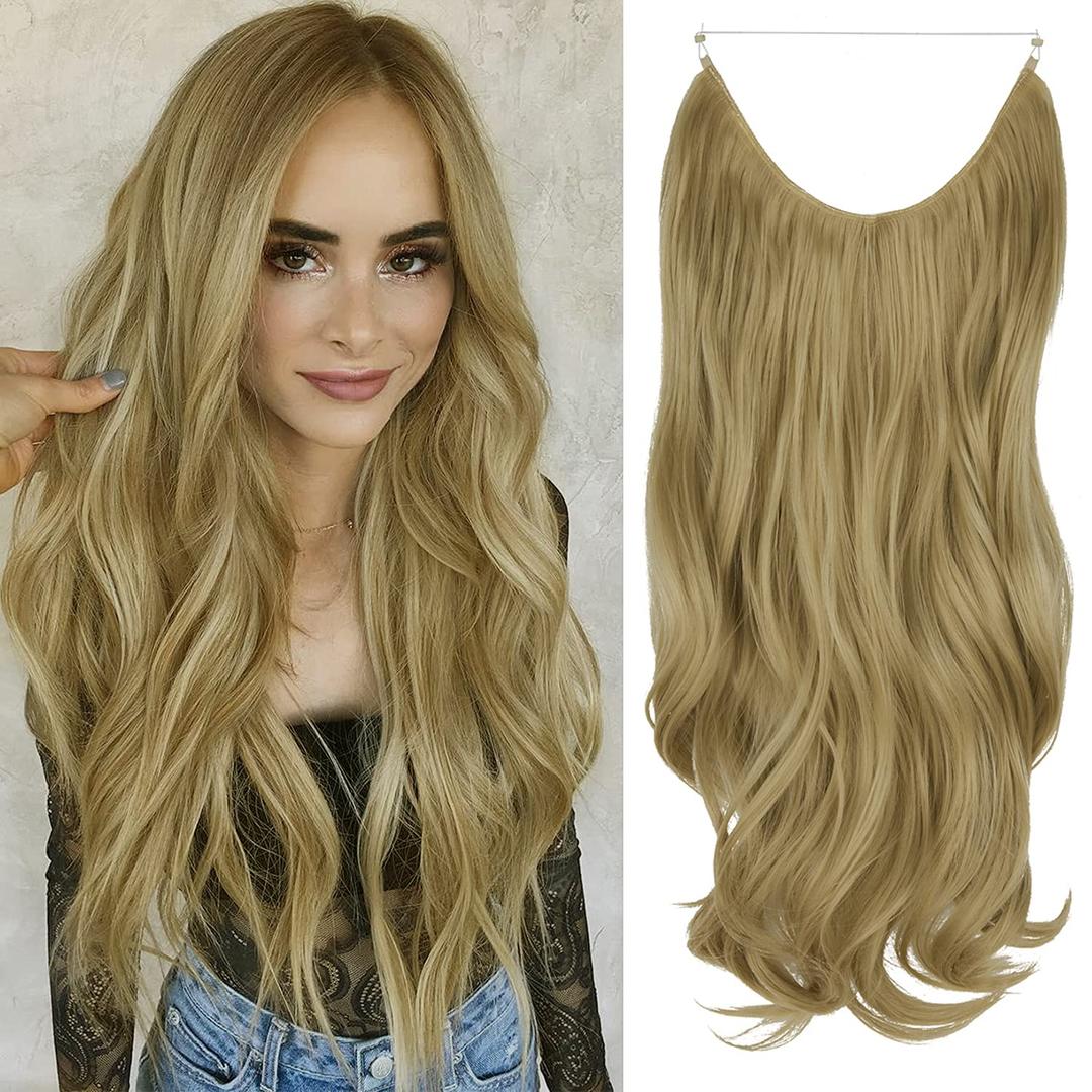 Ash Blonde Hair Extension Adjustable Transparent Wire Headband Wavy Curly Synthetic Hairpiece 18 Inch 4.2 Oz for Women High Temperature Fiber No Clip