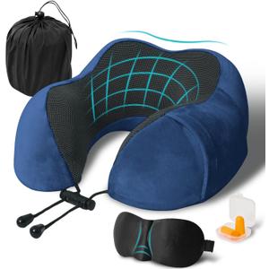 Travel Pillow, Memory Foam Neck Pillow for Traveling, U Shape Neck Pillow Airplane Portable Flight Pillow Travel Kit with 5D Contoured Eye Masks and Earplug for Plane Train Car Home Office - Blue