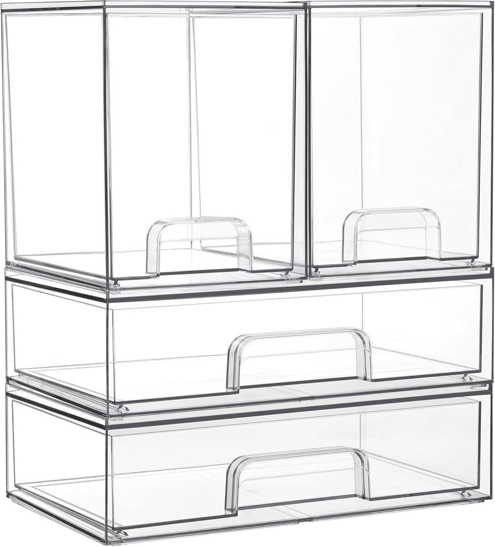 Vtopmart Clear Stackable Storage Drawers Set of 4, Plastic Organizer Bins for Makeup, Cosmetics, Beauty Supplies, Ideal for Vanity, Bathroom, Cabinet, Pantry Organization