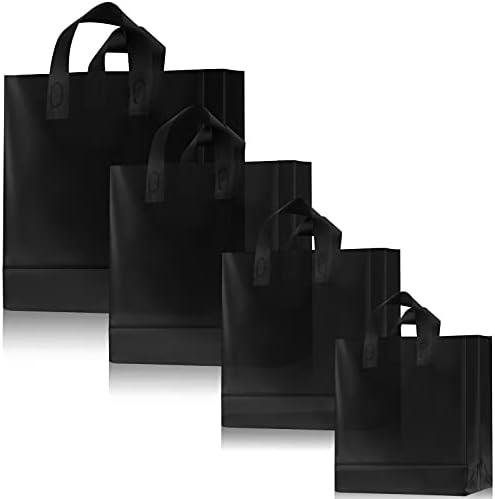 Weewooday 100 Pcs Frosted Plastic Gift Bags with Handles for Small Business Clear Shopping Bags with Cardboard Bottom, 4 Sizes (Black)