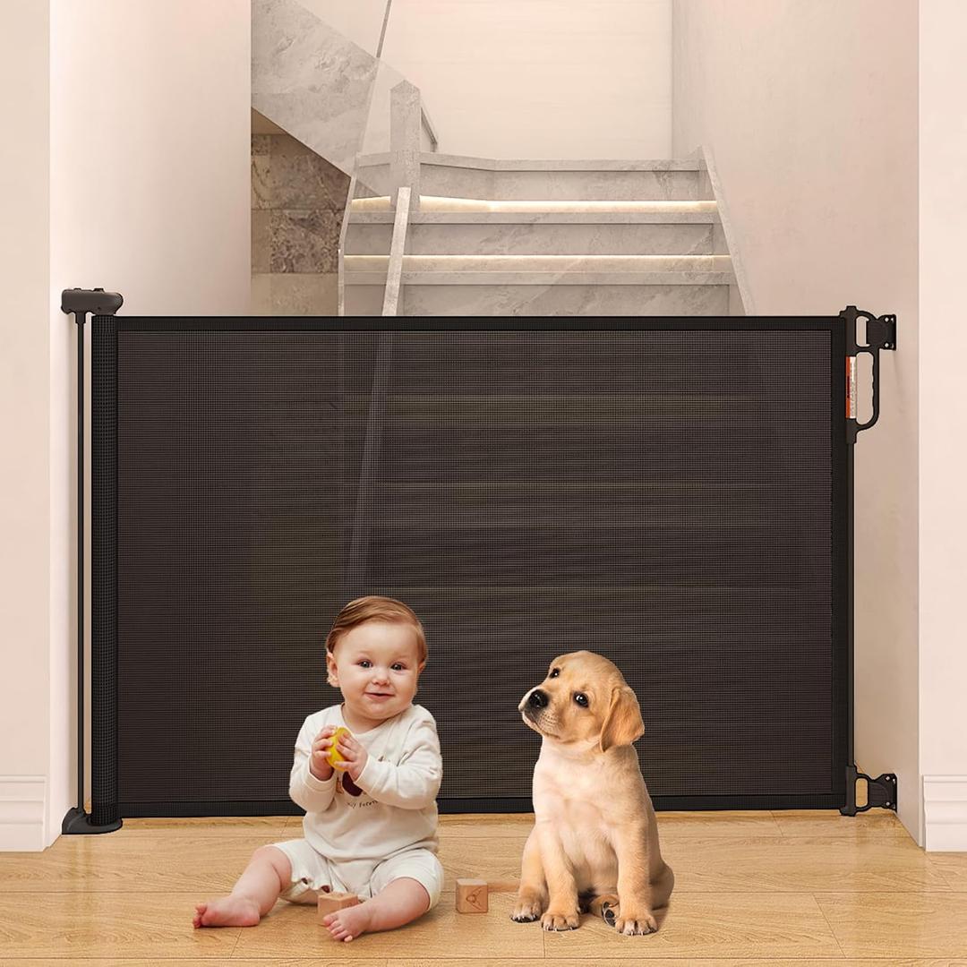Retractable Baby Gate, Momcozy Extra Wide Mesh Baby Gates for Stairs, 33" Tall, Extends to 71" Wide, Pet Dog Gate for Doorways, Stairs, Hallways, Indoor/Outdoor (Black)