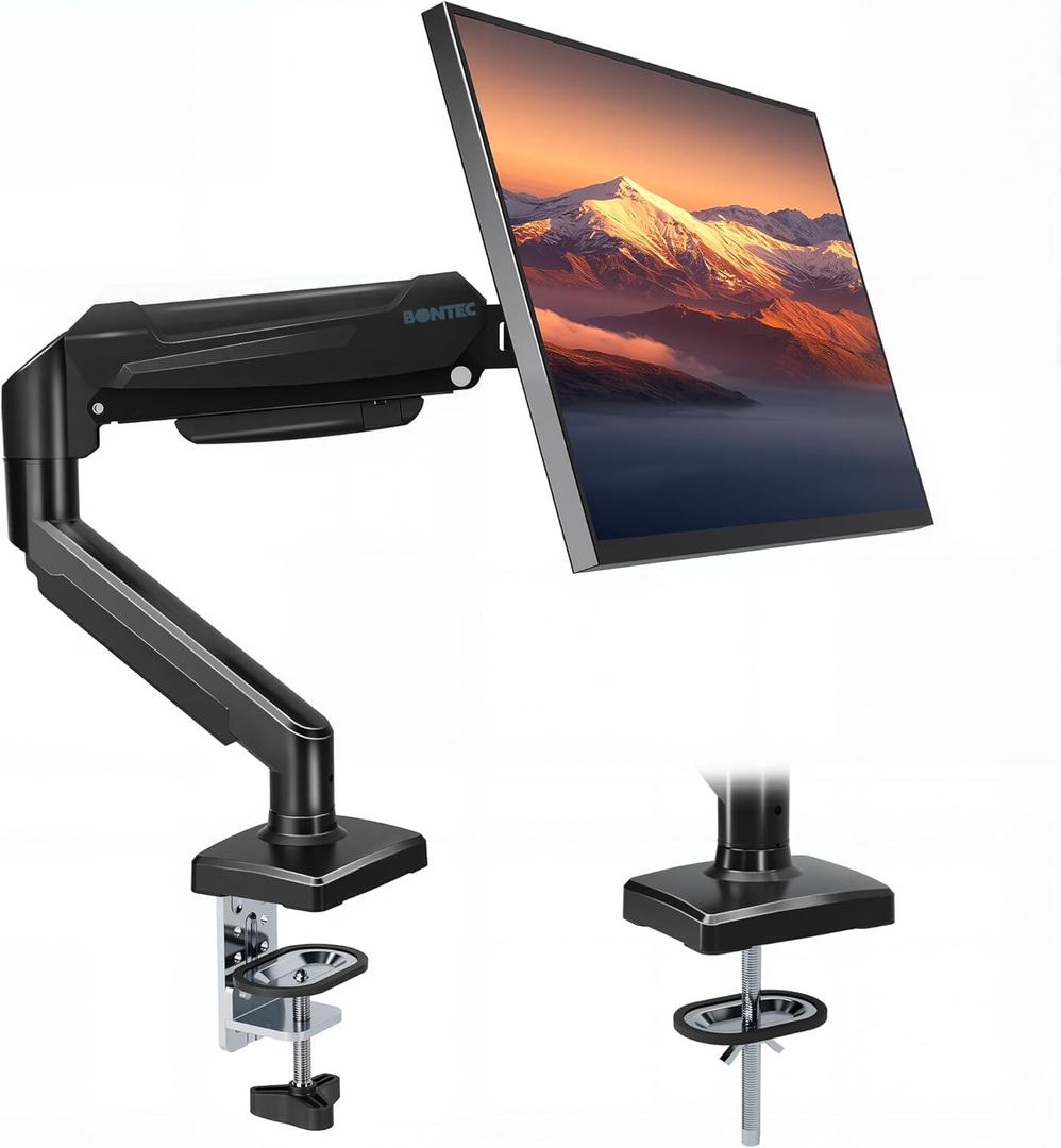 BONTEC Monitor Arm Desk Mount, Gas Spring Monitor Stand, Adjustable Full Motion VESA with C Clamp & Grommet Base, Supports 6.6-19.8lbs LCD/LED Tilt, Swivel, Rotation (Single Arm, 15-32 Inch)