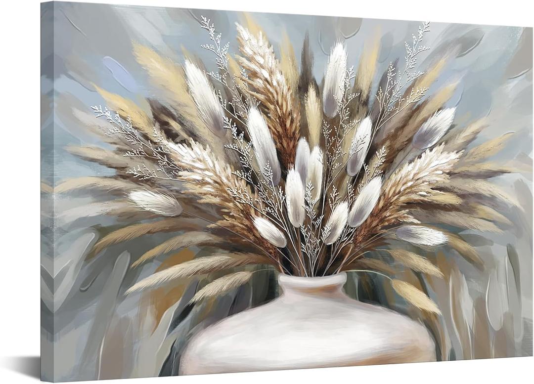 iHAPPYWALL Large Pampas Grass Wall Art Boho Botanical Plant Farmhouse Decoration Dried Floral Grass in Vase Canvas Prints for Home Kitchen Bedroom Ready to Hang 24x36inch
