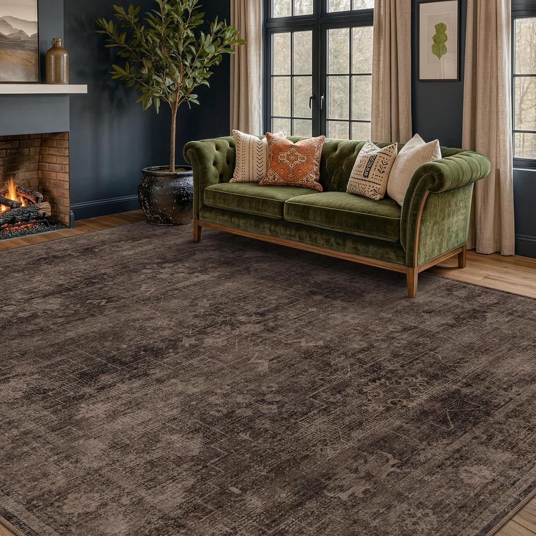 Farmhouse 8x10 Dark Taupe Brown Area Rugs for Living Room, Modern Boho Vintage Rug for Bedroom, Dining Room with Distressed Geometric Design, Washable Stain Resistant Low Pile Non-Slip Ultra Soft