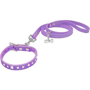Dogs Kingdom 10 "-16.5" Total Length Suede Skin Jeweled Rhinestones Pet Dog Collar Leash Set Sparkly Crystal Diamonds Studded Leather Puppy Dog Cat Collar Leash Set Purple S