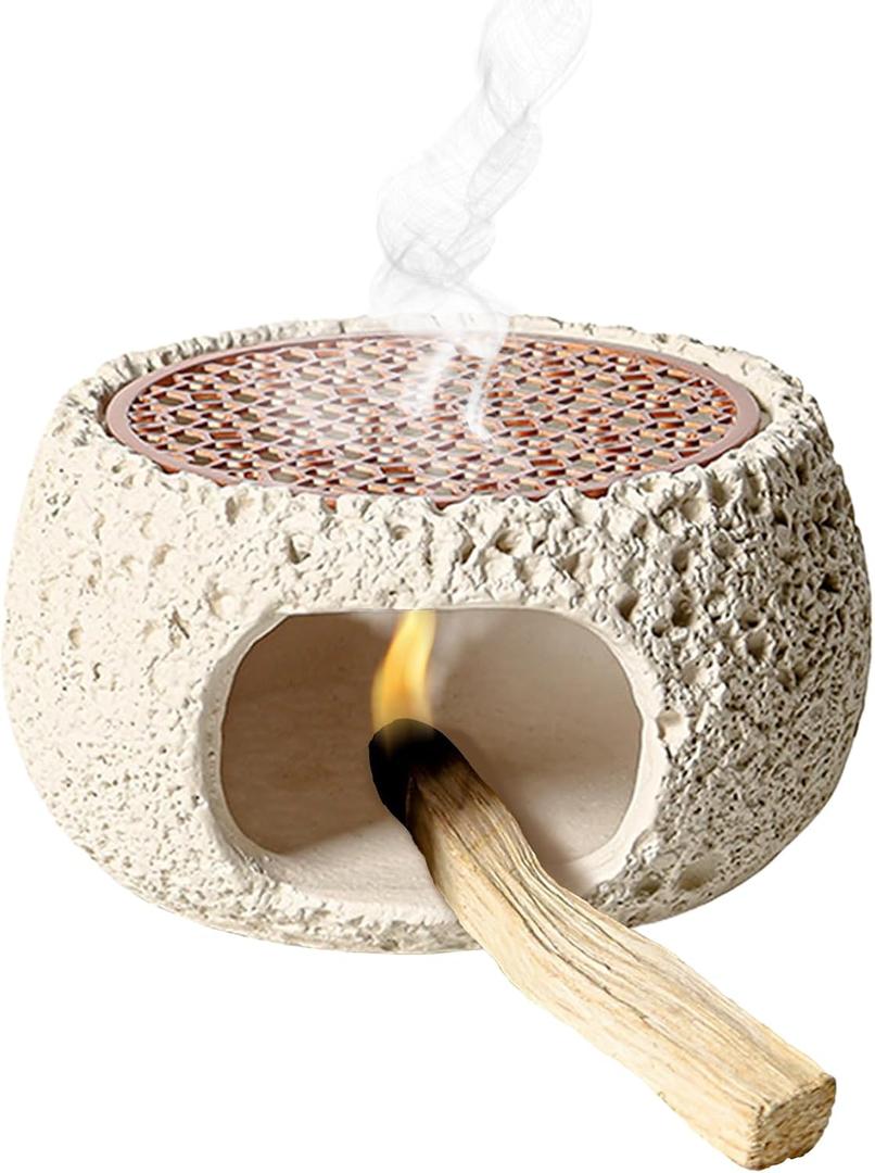 Palo Santo Holder, Handmade Cement Burner for Palo Santo/Sage/Incense Cone, Smudge Bowl, Zen Decor for Yoga Meditation Room (Beige)