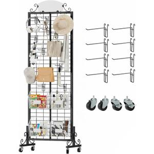 Urban Deco Grid Wall Panel Display Stand, 2.2' x 6.2' FT Gridwall Panel with Extra 8 Hooks, Craft Show Display Rack Black Metal Grids Standing Wire Rack for Retail Merchandise